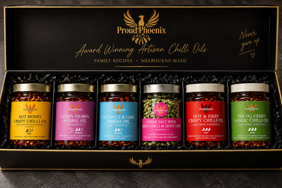Six jars of Crispy Chilli oils and a Crunchy Chilli Lime Salt. With the Pork Chilli Jam (optional)