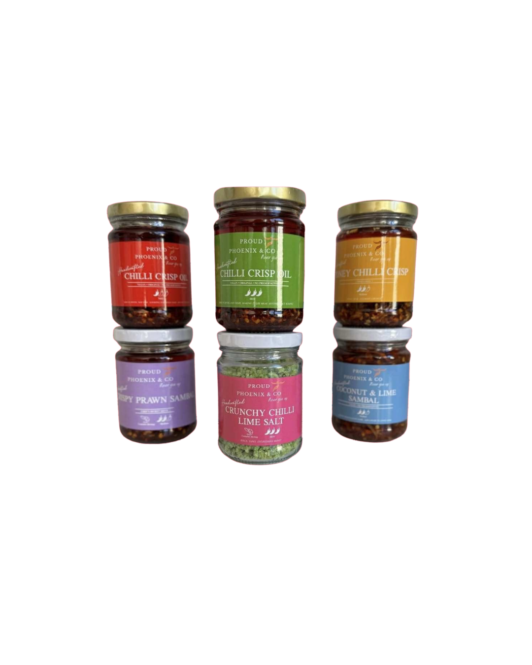 Comes with 6 Jars of Chilli oils and a Crunchy Chilli Lime Salt.